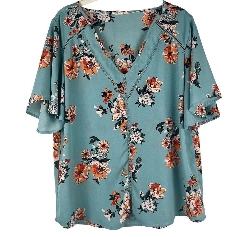 Sandy & Sid Blue Floral V-neck Blouse XL